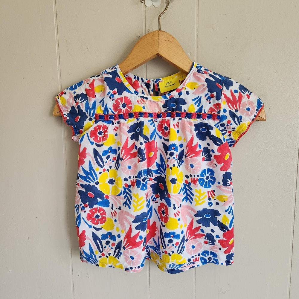 3/$15 Roller Rabbit girls top blouse floral flutter sleeves pink blue yellow 6